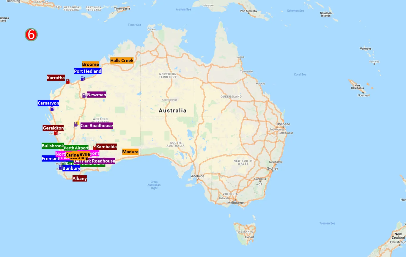 Map of Western Australia showing 26 planned Hydrogen West refuelling stations